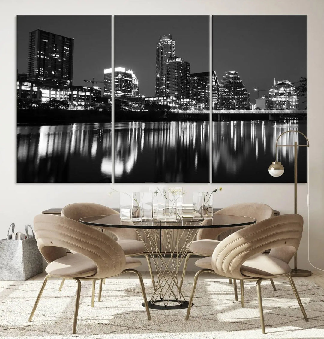 The Austin City Lights Skyline Black and White Wall Art Cityscape Canvas Print, a gallery-wrapped, museum-quality piece, adorns the wall, adding an elegant touch to the living space.