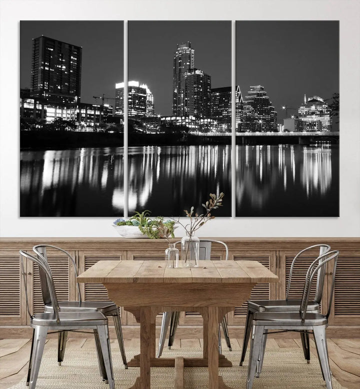 The Austin City Lights Skyline Black and White Wall Art Cityscape Canvas Print, a gallery-wrapped, museum-quality piece, adorns the wall, adding an elegant touch to the living space.