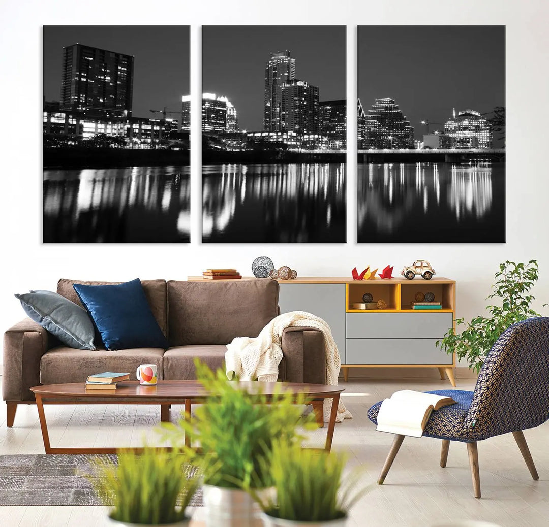 The Austin City Lights Skyline Black and White Wall Art Cityscape Canvas Print, a gallery-wrapped, museum-quality piece, adorns the wall, adding an elegant touch to the living space.