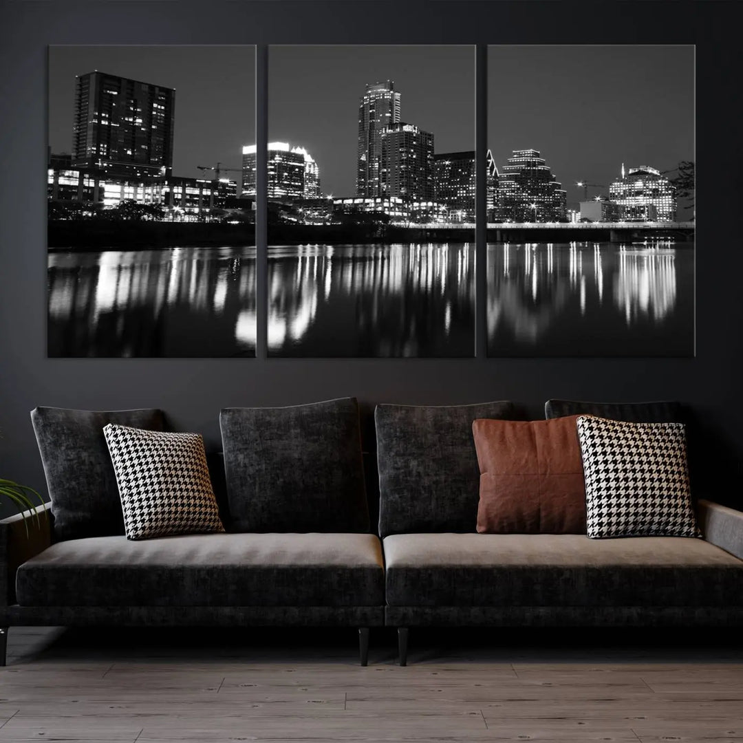 The Austin City Lights Skyline Black and White Wall Art Cityscape Canvas Print, a gallery-wrapped, museum-quality piece, adorns the wall, adding an elegant touch to the living space.