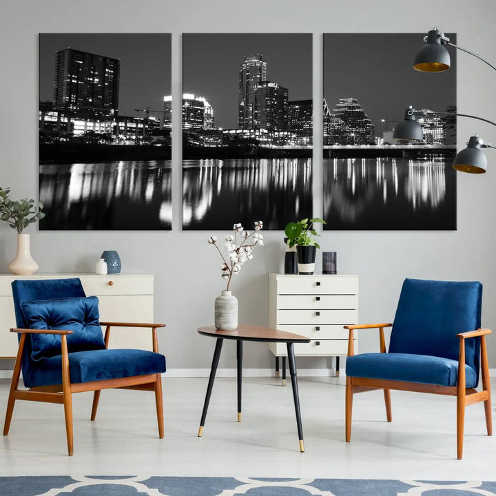 The Austin City Lights Skyline Black and White Wall Art Cityscape Canvas Print, a gallery-wrapped, museum-quality piece, adorns the wall, adding an elegant touch to the living space.