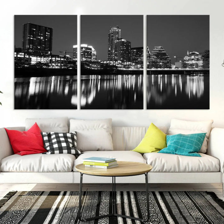 The Austin City Lights Skyline Black and White Wall Art Cityscape Canvas Print, a gallery-wrapped, museum-quality piece, adorns the wall, adding an elegant touch to the living space.