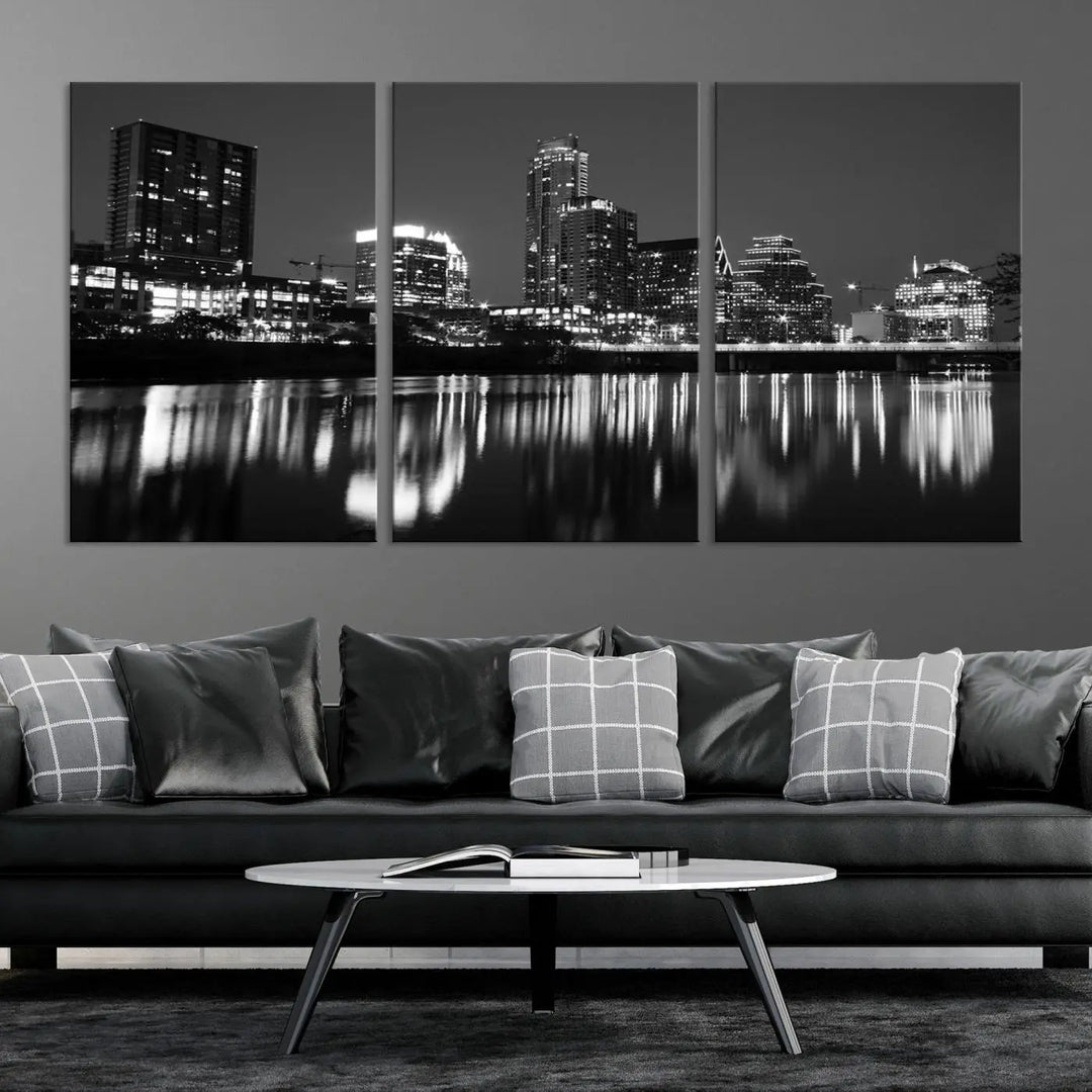 The Austin City Lights Skyline Black and White Wall Art Cityscape Canvas Print, a gallery-wrapped, museum-quality piece, adorns the wall, adding an elegant touch to the living space.