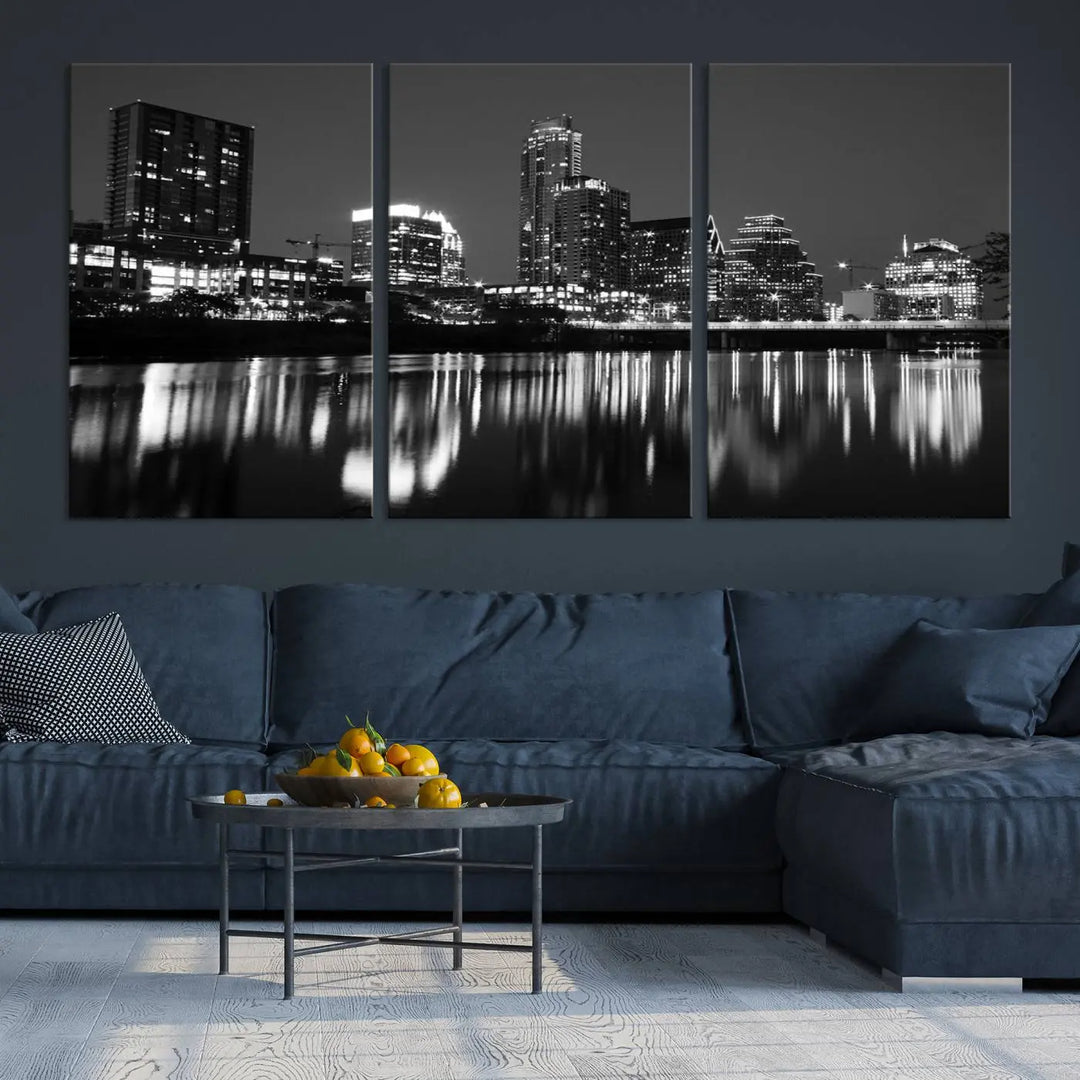 The Austin City Lights Skyline Black and White Wall Art Cityscape Canvas Print, a gallery-wrapped, museum-quality piece, adorns the wall, adding an elegant touch to the living space.