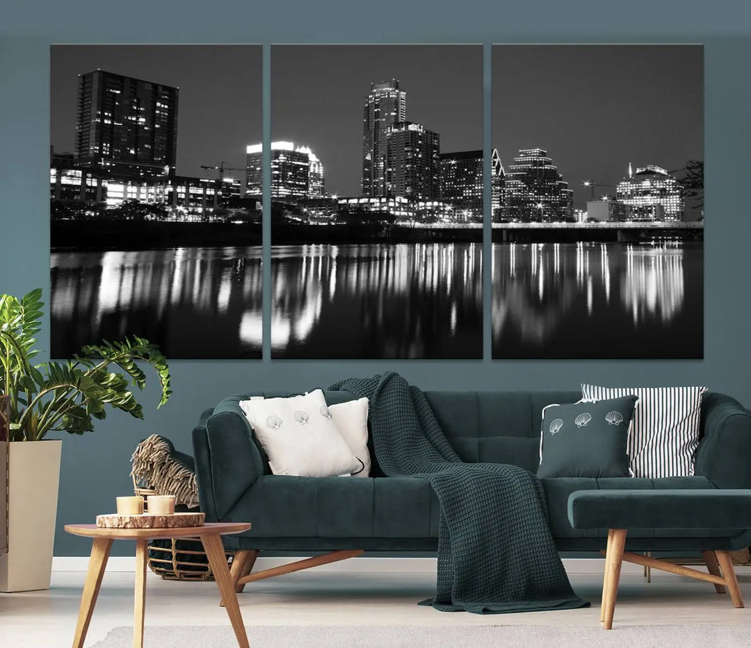 The Austin City Lights Skyline Black and White Wall Art Cityscape Canvas Print, a gallery-wrapped, museum-quality piece, adorns the wall, adding an elegant touch to the living space.