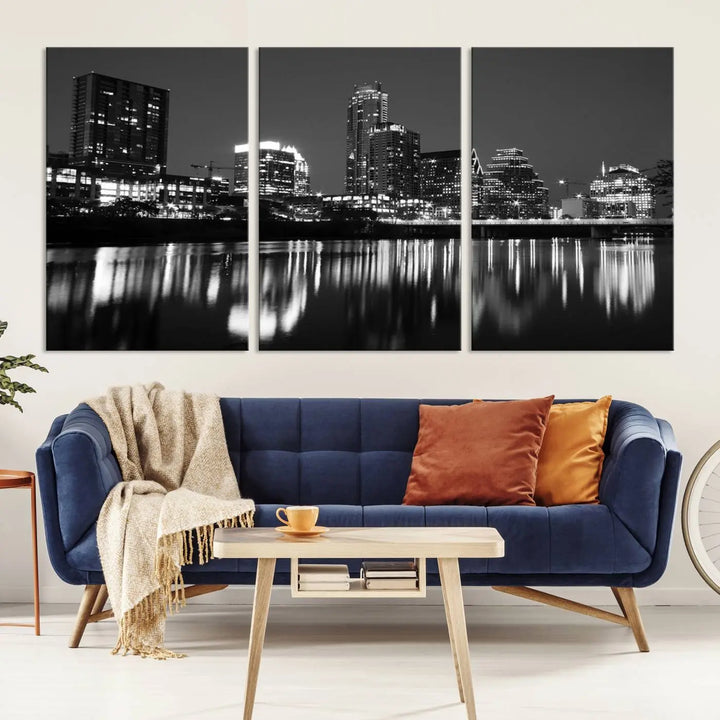 The Austin City Lights Skyline Black and White Wall Art Cityscape Canvas Print, a gallery-wrapped, museum-quality piece, adorns the wall, adding an elegant touch to the living space.