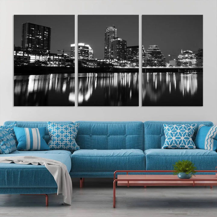 The Austin City Lights Skyline Black and White Wall Art Cityscape Canvas Print, a gallery-wrapped, museum-quality piece, adorns the wall, adding an elegant touch to the living space.