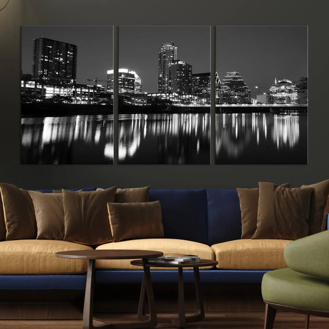 The Austin City Lights Skyline Black and White Wall Art Cityscape Canvas Print, a gallery-wrapped, museum-quality piece, adorns the wall, adding an elegant touch to the living space.