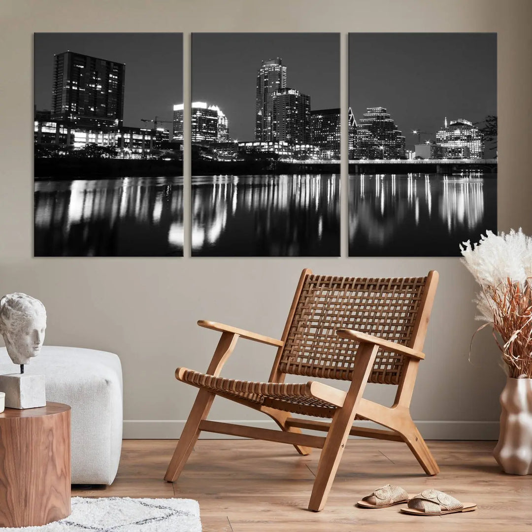 The Austin City Lights Skyline Black and White Wall Art Cityscape Canvas Print, a gallery-wrapped, museum-quality piece, adorns the wall, adding an elegant touch to the living space.