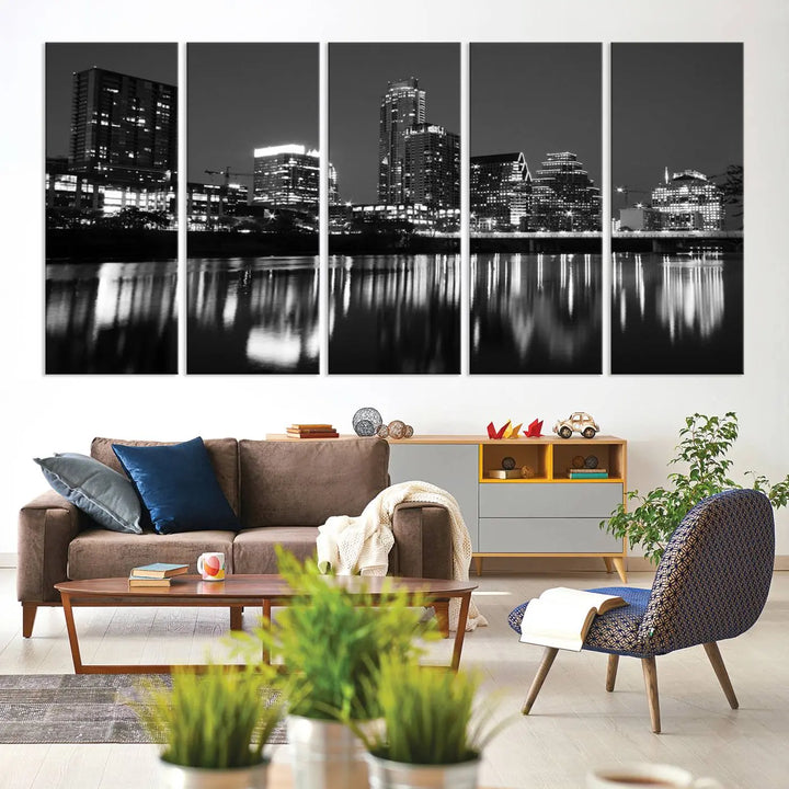 The Austin City Lights Skyline Black and White Wall Art Cityscape Canvas Print, a gallery-wrapped, museum-quality piece, adorns the wall, adding an elegant touch to the living space.