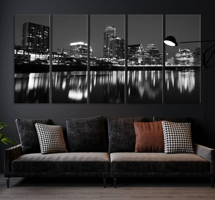 The Austin City Lights Skyline Black and White Wall Art Cityscape Canvas Print, a gallery-wrapped, museum-quality piece, adorns the wall, adding an elegant touch to the living space.