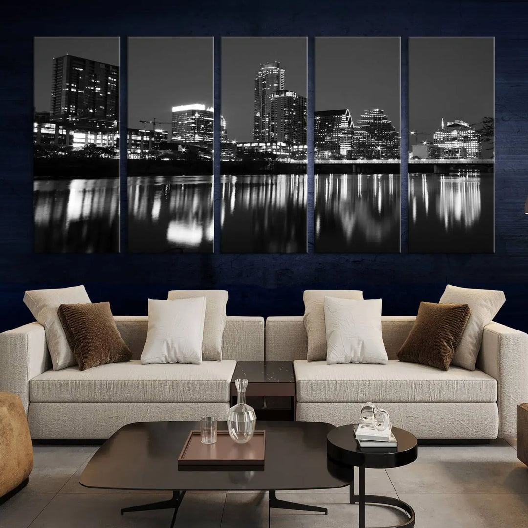 The Austin City Lights Skyline Black and White Wall Art Cityscape Canvas Print, a gallery-wrapped, museum-quality piece, adorns the wall, adding an elegant touch to the living space.