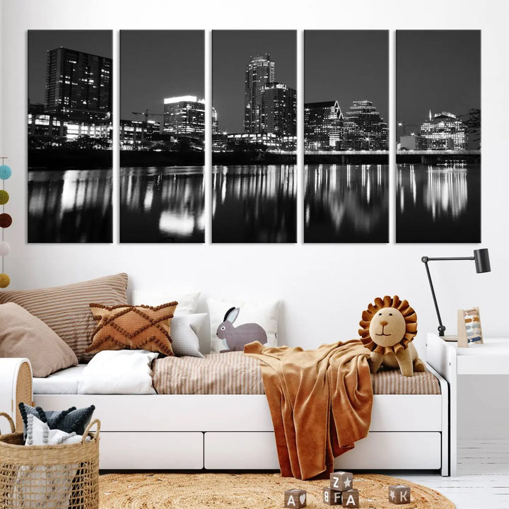 The Austin City Lights Skyline Black and White Wall Art Cityscape Canvas Print, a gallery-wrapped, museum-quality piece, adorns the wall, adding an elegant touch to the living space.