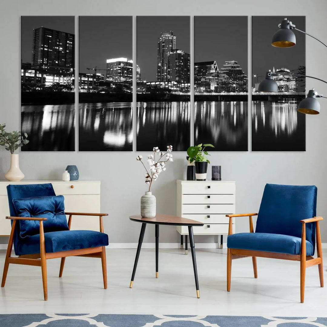 The Austin City Lights Skyline Black and White Wall Art Cityscape Canvas Print, a gallery-wrapped, museum-quality piece, adorns the wall, adding an elegant touch to the living space.