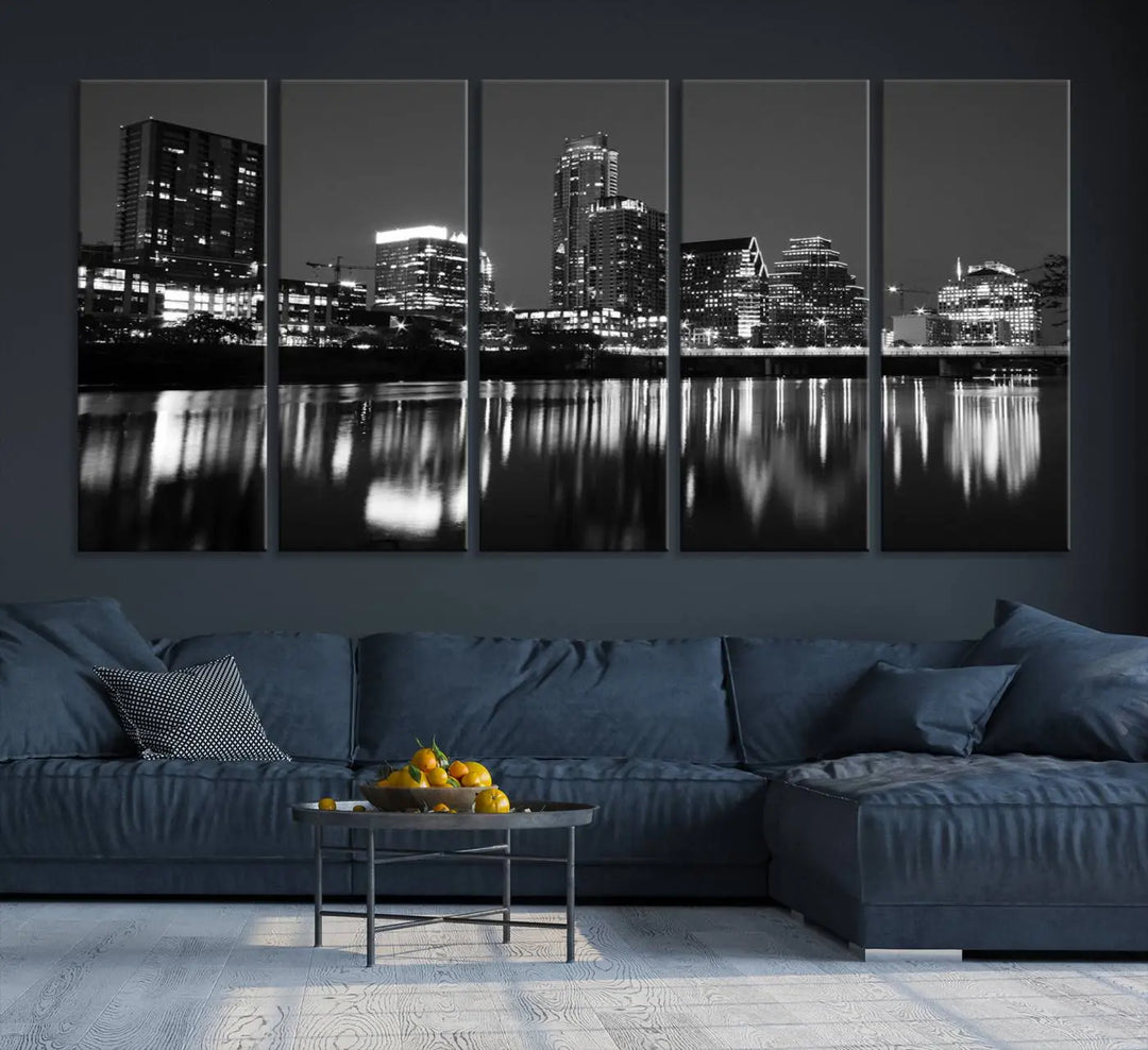 The Austin City Lights Skyline Black and White Wall Art Cityscape Canvas Print, a gallery-wrapped, museum-quality piece, adorns the wall, adding an elegant touch to the living space.