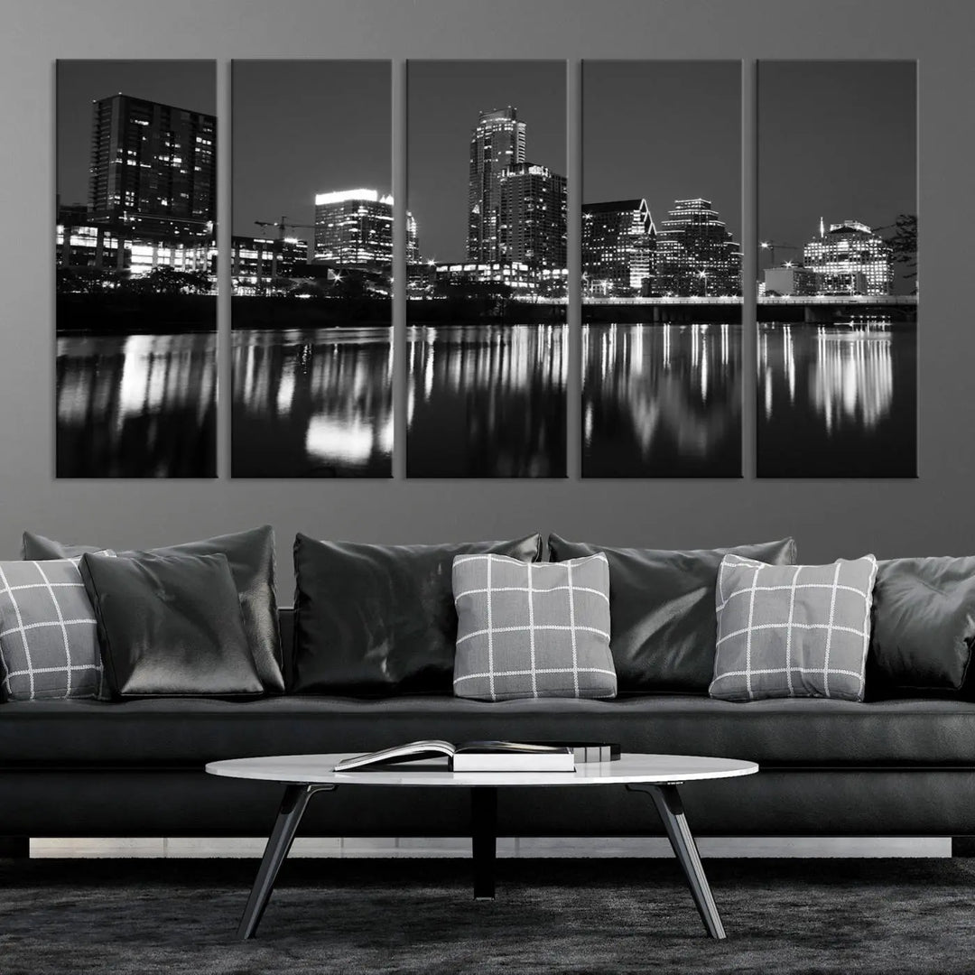 The Austin City Lights Skyline Black and White Wall Art Cityscape Canvas Print, a gallery-wrapped, museum-quality piece, adorns the wall, adding an elegant touch to the living space.