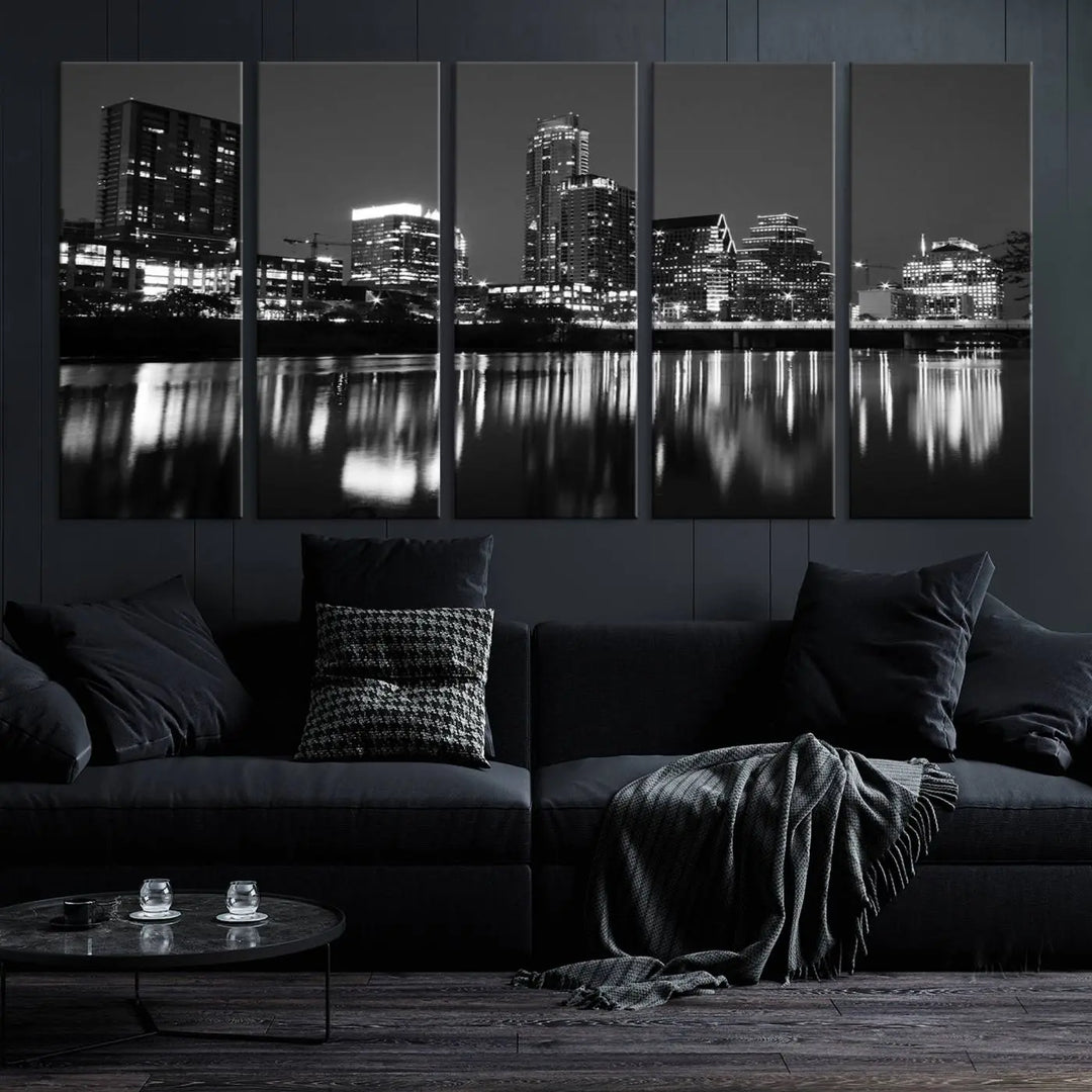 The Austin City Lights Skyline Black and White Wall Art Cityscape Canvas Print, a gallery-wrapped, museum-quality piece, adorns the wall, adding an elegant touch to the living space.