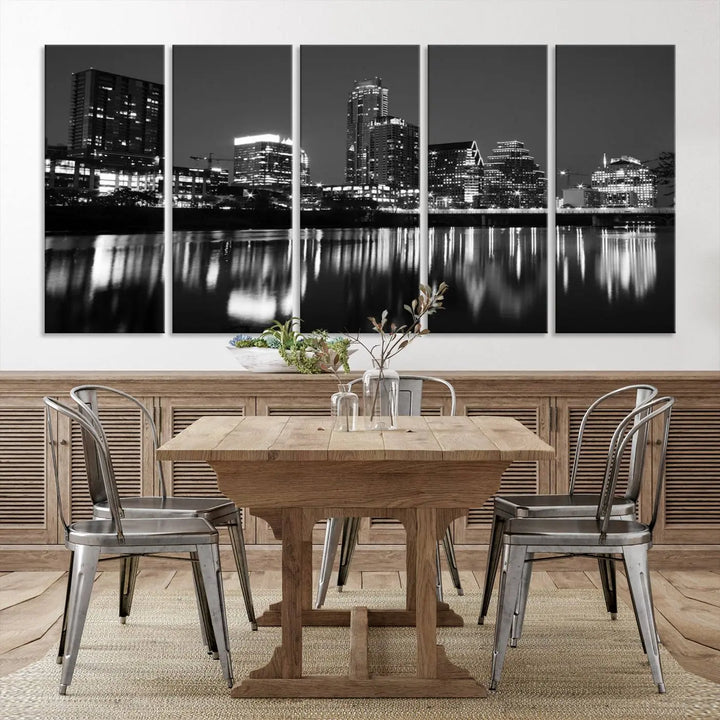 The Austin City Lights Skyline Black and White Wall Art Cityscape Canvas Print, a gallery-wrapped, museum-quality piece, adorns the wall, adding an elegant touch to the living space.