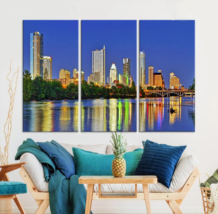 Austin City Lights Skyline Cityscape View Wall Art Canvas Print showcases a stunning triptych of a city skyline at night, featuring the reflection of illuminated buildings on a river. Made with museum-quality polycotton and finished with a UV-protective coating, it is ready to hang and instantly elevate your space.