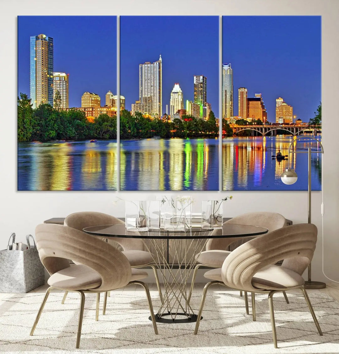 Austin City Lights Skyline Cityscape View Wall Art Canvas Print showcases a stunning triptych of a city skyline at night, featuring the reflection of illuminated buildings on a river. Made with museum-quality polycotton and finished with a UV-protective coating, it is ready to hang and instantly elevate your space.