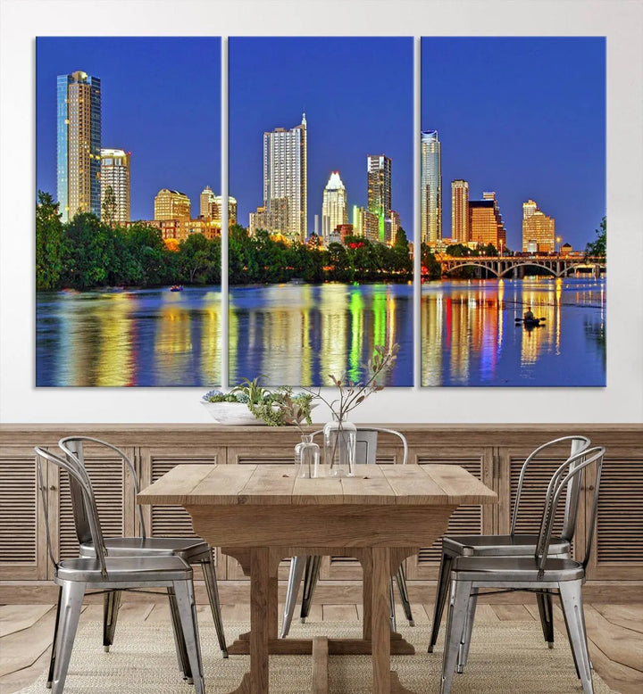 Austin City Lights Skyline Cityscape View Wall Art Canvas Print showcases a stunning triptych of a city skyline at night, featuring the reflection of illuminated buildings on a river. Made with museum-quality polycotton and finished with a UV-protective coating, it is ready to hang and instantly elevate your space.