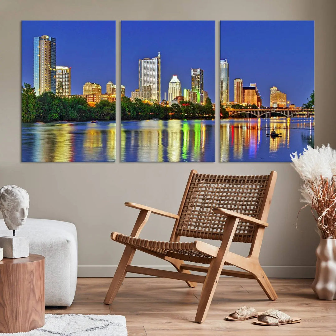 Austin City Lights Skyline Cityscape View Wall Art Canvas Print showcases a stunning triptych of a city skyline at night, featuring the reflection of illuminated buildings on a river. Made with museum-quality polycotton and finished with a UV-protective coating, it is ready to hang and instantly elevate your space.