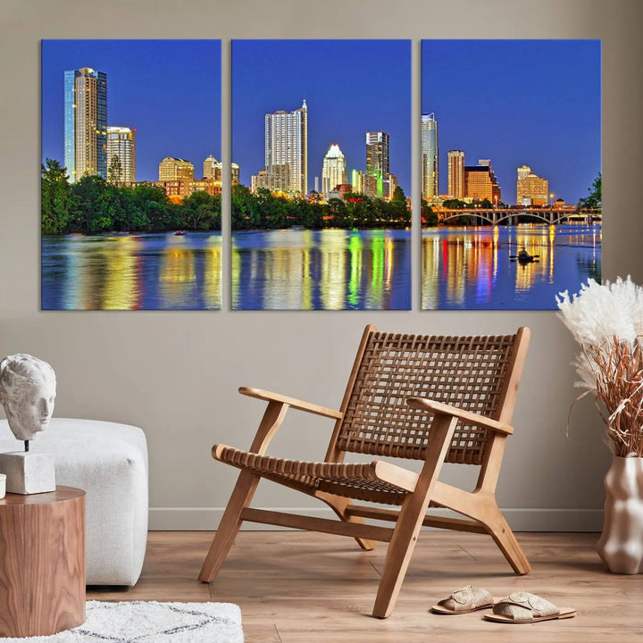 Austin City Lights Skyline Cityscape View Wall Art Canvas Print showcases a stunning triptych of a city skyline at night, featuring the reflection of illuminated buildings on a river. Made with museum-quality polycotton and finished with a UV-protective coating, it is ready to hang and instantly elevate your space.