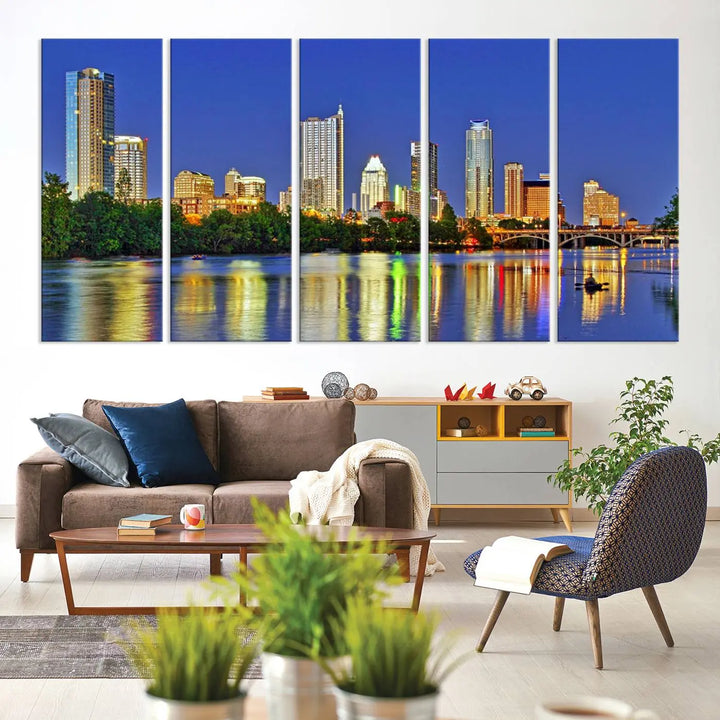 Austin City Lights Skyline Cityscape View Wall Art Canvas Print showcases a stunning triptych of a city skyline at night, featuring the reflection of illuminated buildings on a river. Made with museum-quality polycotton and finished with a UV-protective coating, it is ready to hang and instantly elevate your space.