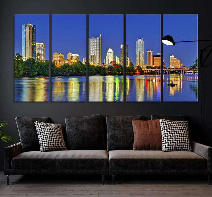 Austin City Lights Skyline Cityscape View Wall Art Canvas Print showcases a stunning triptych of a city skyline at night, featuring the reflection of illuminated buildings on a river. Made with museum-quality polycotton and finished with a UV-protective coating, it is ready to hang and instantly elevate your space.