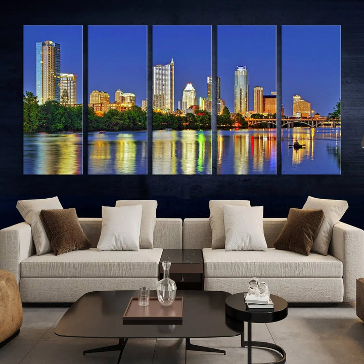 Austin City Lights Skyline Cityscape View Wall Art Canvas Print showcases a stunning triptych of a city skyline at night, featuring the reflection of illuminated buildings on a river. Made with museum-quality polycotton and finished with a UV-protective coating, it is ready to hang and instantly elevate your space.