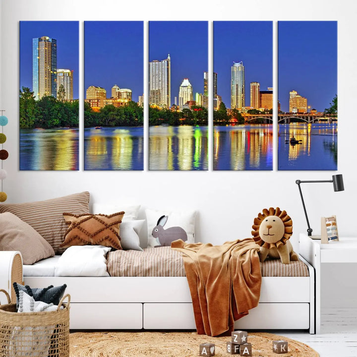 Austin City Lights Skyline Cityscape View Wall Art Canvas Print showcases a stunning triptych of a city skyline at night, featuring the reflection of illuminated buildings on a river. Made with museum-quality polycotton and finished with a UV-protective coating, it is ready to hang and instantly elevate your space.