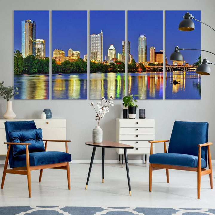 Austin City Lights Skyline Cityscape View Wall Art Canvas Print showcases a stunning triptych of a city skyline at night, featuring the reflection of illuminated buildings on a river. Made with museum-quality polycotton and finished with a UV-protective coating, it is ready to hang and instantly elevate your space.