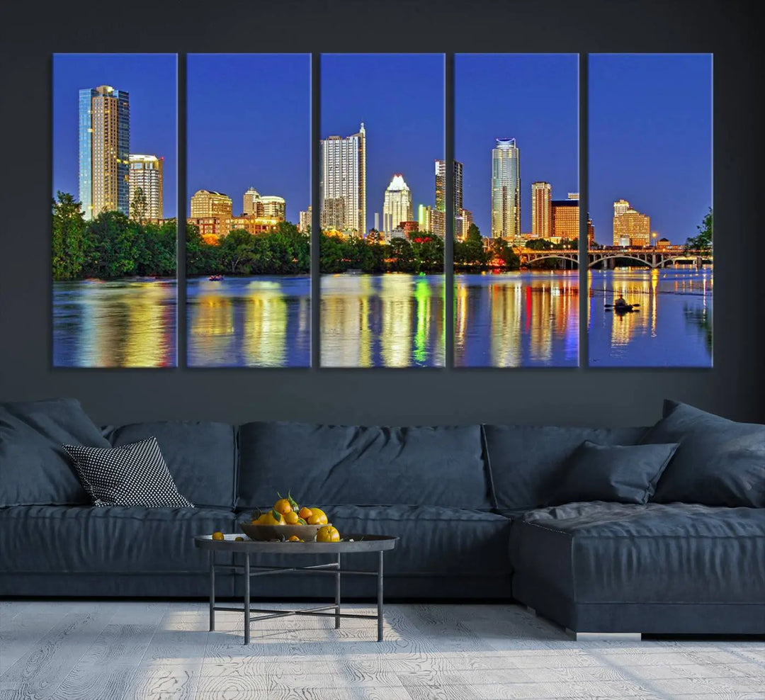 Austin City Lights Skyline Cityscape View Wall Art Canvas Print showcases a stunning triptych of a city skyline at night, featuring the reflection of illuminated buildings on a river. Made with museum-quality polycotton and finished with a UV-protective coating, it is ready to hang and instantly elevate your space.