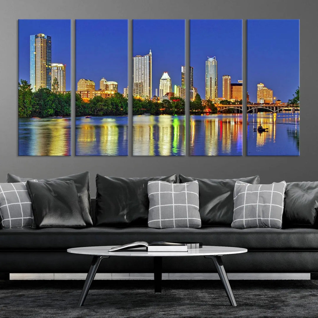 Austin City Lights Skyline Cityscape View Wall Art Canvas Print showcases a stunning triptych of a city skyline at night, featuring the reflection of illuminated buildings on a river. Made with museum-quality polycotton and finished with a UV-protective coating, it is ready to hang and instantly elevate your space.