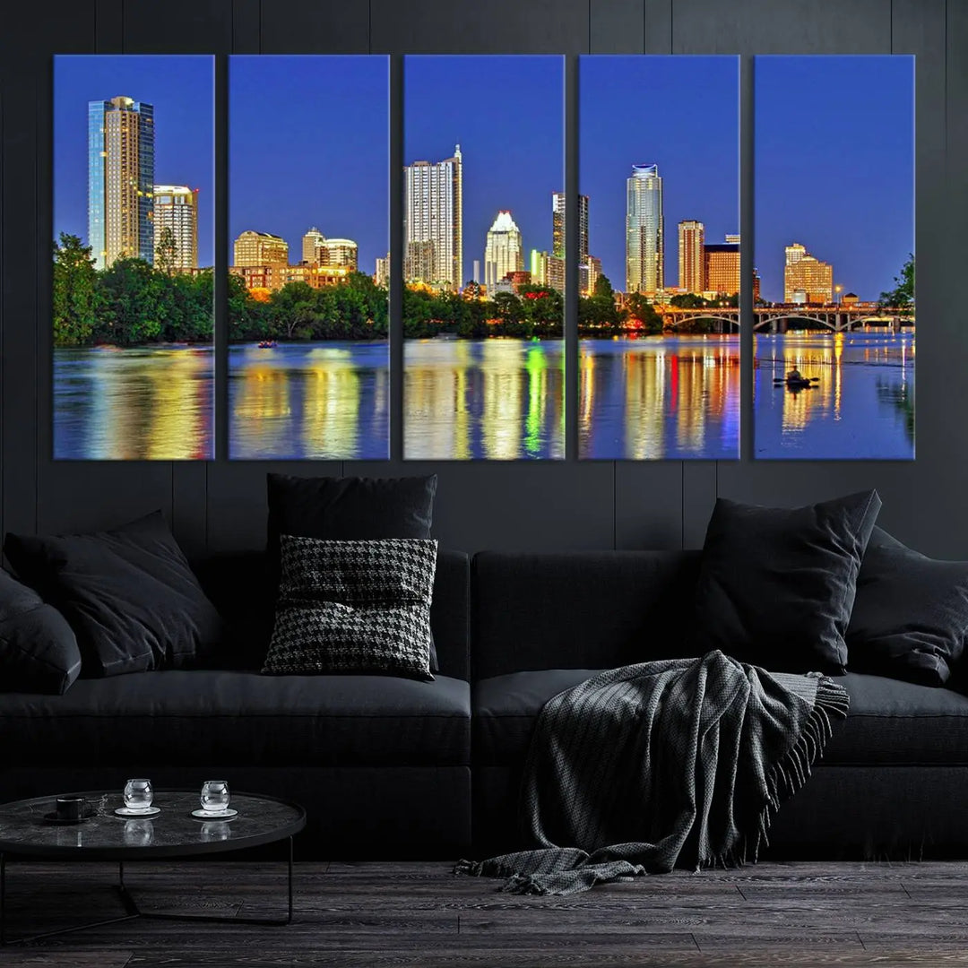 Austin City Lights Skyline Cityscape View Wall Art Canvas Print showcases a stunning triptych of a city skyline at night, featuring the reflection of illuminated buildings on a river. Made with museum-quality polycotton and finished with a UV-protective coating, it is ready to hang and instantly elevate your space.