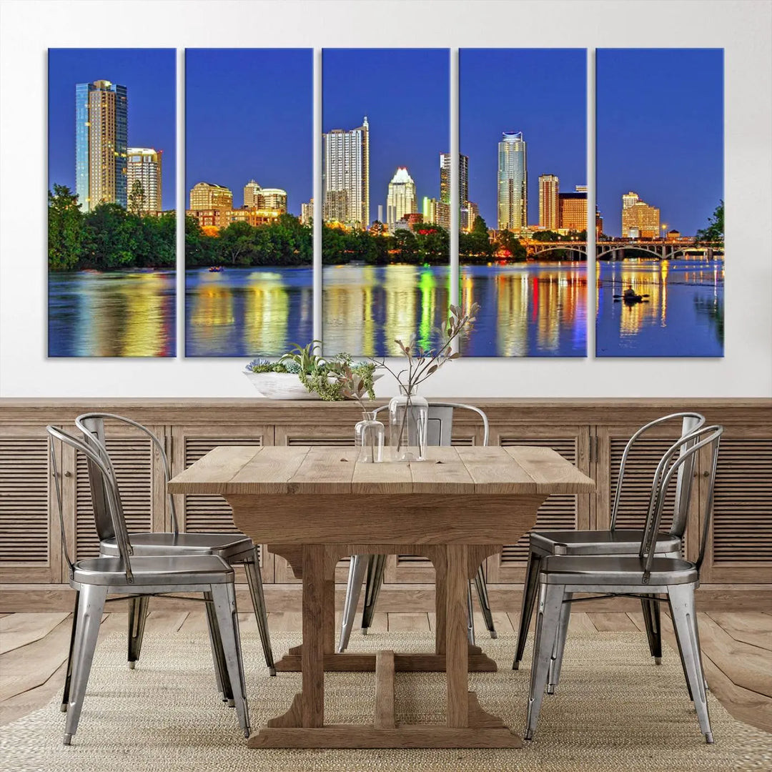 Austin City Lights Skyline Cityscape View Wall Art Canvas Print showcases a stunning triptych of a city skyline at night, featuring the reflection of illuminated buildings on a river. Made with museum-quality polycotton and finished with a UV-protective coating, it is ready to hang and instantly elevate your space.