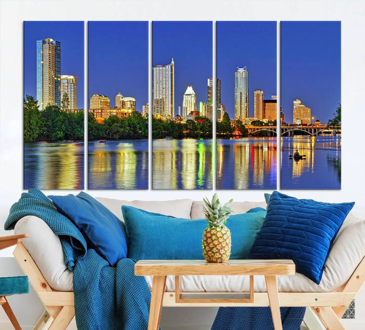 Austin City Lights Skyline Cityscape View Wall Art Canvas Print showcases a stunning triptych of a city skyline at night, featuring the reflection of illuminated buildings on a river. Made with museum-quality polycotton and finished with a UV-protective coating, it is ready to hang and instantly elevate your space.