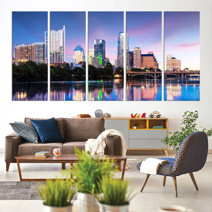 The "Austin City Lights Sunset Blue and Purple Skyline Cityscape View Wall Art Canvas Print," crafted on museum-quality canvas, is prominently displayed above the sofa. This ready-to-hang artwork is safeguarded by a UV-protective coating.