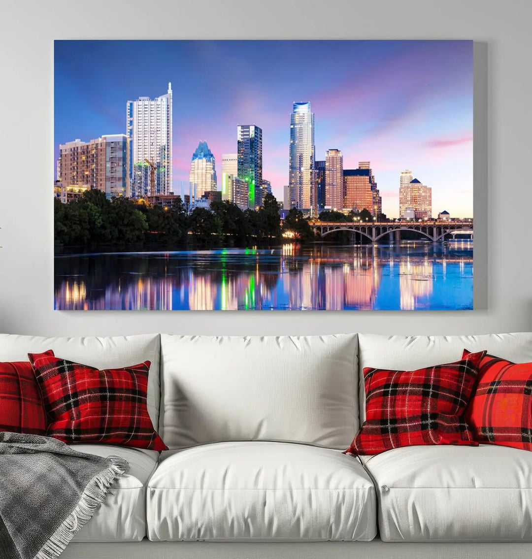 The "Austin City Lights Sunset Blue and Purple Skyline Cityscape View Wall Art Canvas Print," crafted on museum-quality canvas, is prominently displayed above the sofa. This ready-to-hang artwork is safeguarded by a UV-protective coating.