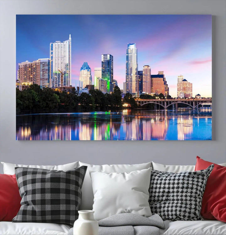 The "Austin City Lights Sunset Blue and Purple Skyline Cityscape View Wall Art Canvas Print," crafted on museum-quality canvas, is prominently displayed above the sofa. This ready-to-hang artwork is safeguarded by a UV-protective coating.