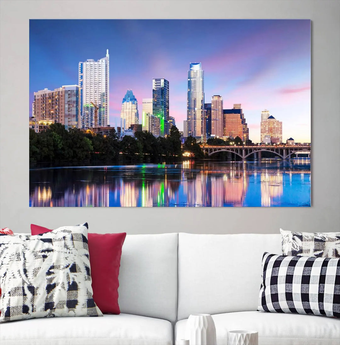 The "Austin City Lights Sunset Blue and Purple Skyline Cityscape View Wall Art Canvas Print," crafted on museum-quality canvas, is prominently displayed above the sofa. This ready-to-hang artwork is safeguarded by a UV-protective coating.