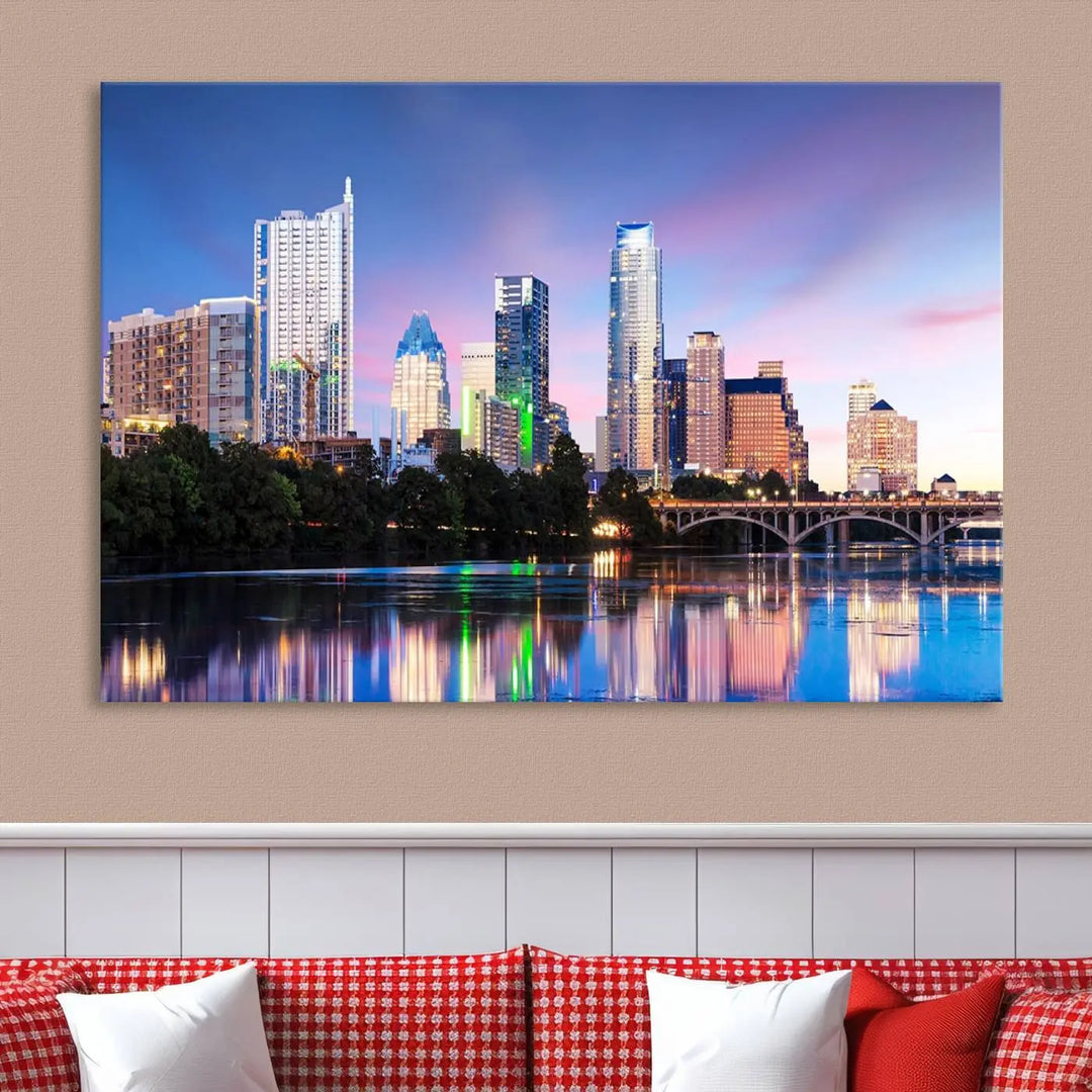 The "Austin City Lights Sunset Blue and Purple Skyline Cityscape View Wall Art Canvas Print," crafted on museum-quality canvas, is prominently displayed above the sofa. This ready-to-hang artwork is safeguarded by a UV-protective coating.