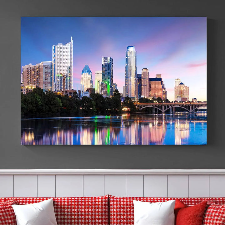 The "Austin City Lights Sunset Blue and Purple Skyline Cityscape View Wall Art Canvas Print," crafted on museum-quality canvas, is prominently displayed above the sofa. This ready-to-hang artwork is safeguarded by a UV-protective coating.