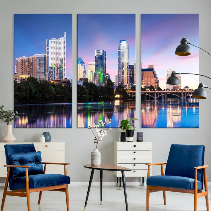 The "Austin City Lights Sunset Blue and Purple Skyline Cityscape View Wall Art Canvas Print," crafted on museum-quality canvas, is prominently displayed above the sofa. This ready-to-hang artwork is safeguarded by a UV-protective coating.