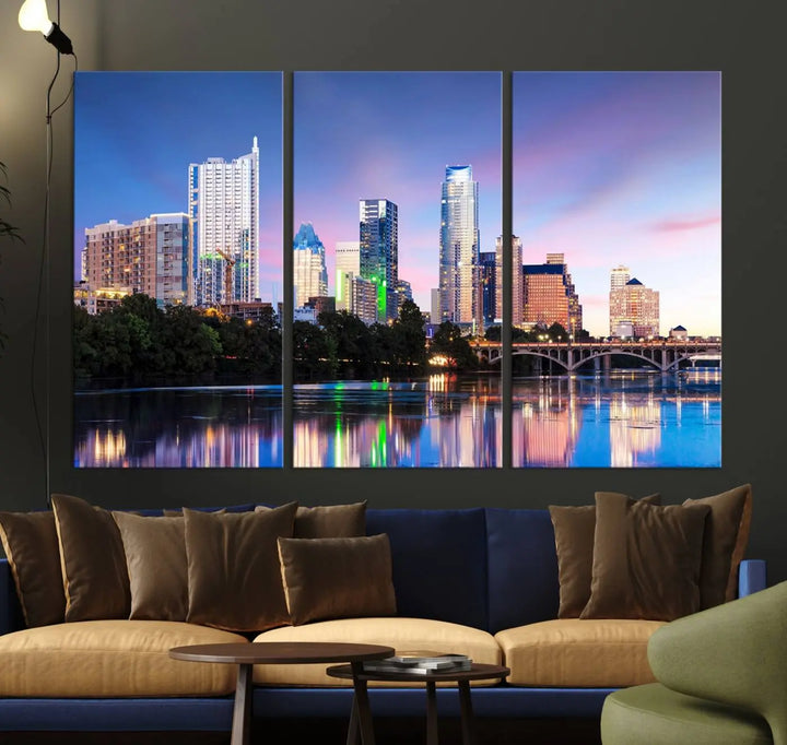 The "Austin City Lights Sunset Blue and Purple Skyline Cityscape View Wall Art Canvas Print," crafted on museum-quality canvas, is prominently displayed above the sofa. This ready-to-hang artwork is safeguarded by a UV-protective coating.