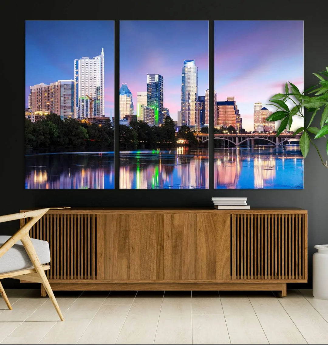 The "Austin City Lights Sunset Blue and Purple Skyline Cityscape View Wall Art Canvas Print," crafted on museum-quality canvas, is prominently displayed above the sofa. This ready-to-hang artwork is safeguarded by a UV-protective coating.