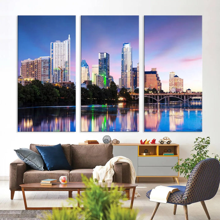 The "Austin City Lights Sunset Blue and Purple Skyline Cityscape View Wall Art Canvas Print," crafted on museum-quality canvas, is prominently displayed above the sofa. This ready-to-hang artwork is safeguarded by a UV-protective coating.