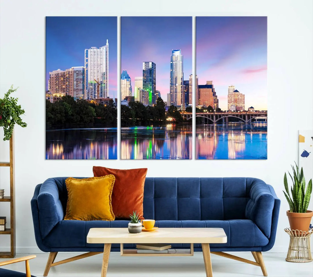 The "Austin City Lights Sunset Blue and Purple Skyline Cityscape View Wall Art Canvas Print," crafted on museum-quality canvas, is prominently displayed above the sofa. This ready-to-hang artwork is safeguarded by a UV-protective coating.