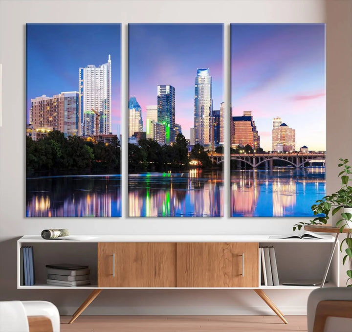 The "Austin City Lights Sunset Blue and Purple Skyline Cityscape View Wall Art Canvas Print," crafted on museum-quality canvas, is prominently displayed above the sofa. This ready-to-hang artwork is safeguarded by a UV-protective coating.