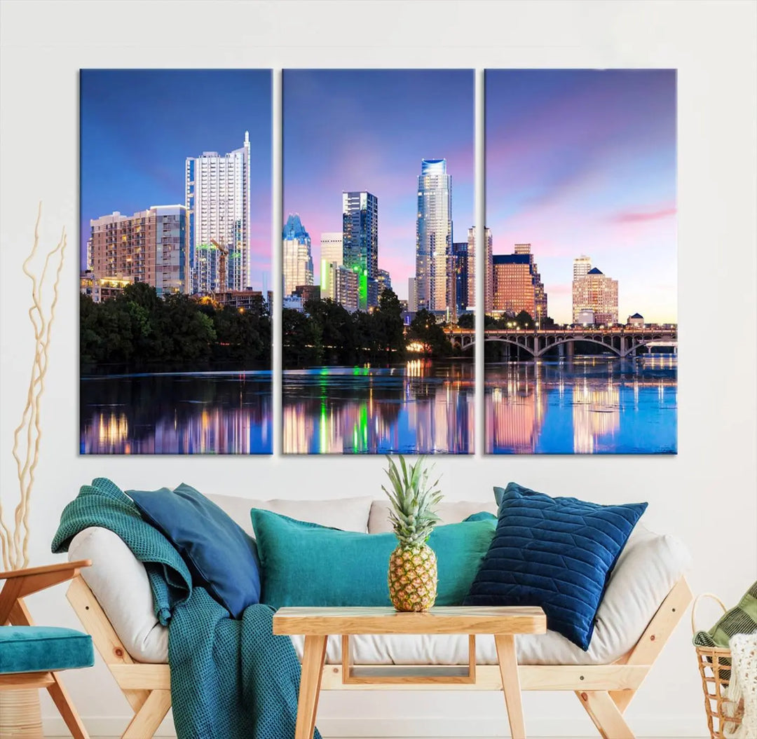 The "Austin City Lights Sunset Blue and Purple Skyline Cityscape View Wall Art Canvas Print," crafted on museum-quality canvas, is prominently displayed above the sofa. This ready-to-hang artwork is safeguarded by a UV-protective coating.